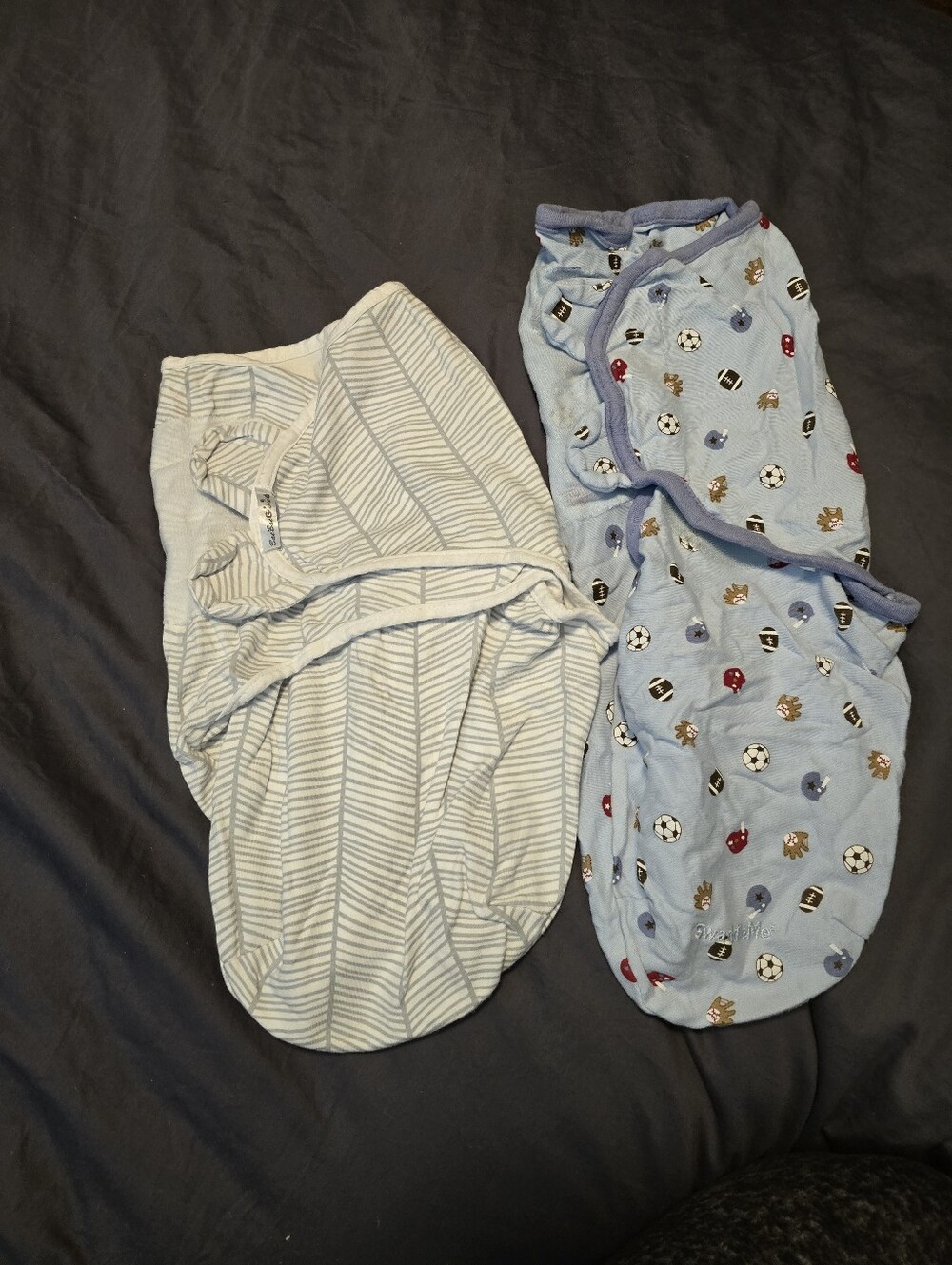 Swaddle Set - Light Blue Striped & Sports Print Size Small